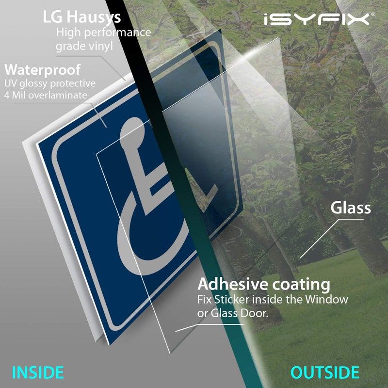 iSYFIX ملصقات علامات الإعاقة iSYFIX - عبوة 4 قطع 6x6 بوصة - متوافقة مع ADA - فينيل لاصق أمامي ممتاز للتطبيق داخل النافذة أو الباب الزجاجي، علامة الكرسي المتحرك، ملصق الإعاقة. - Image 2